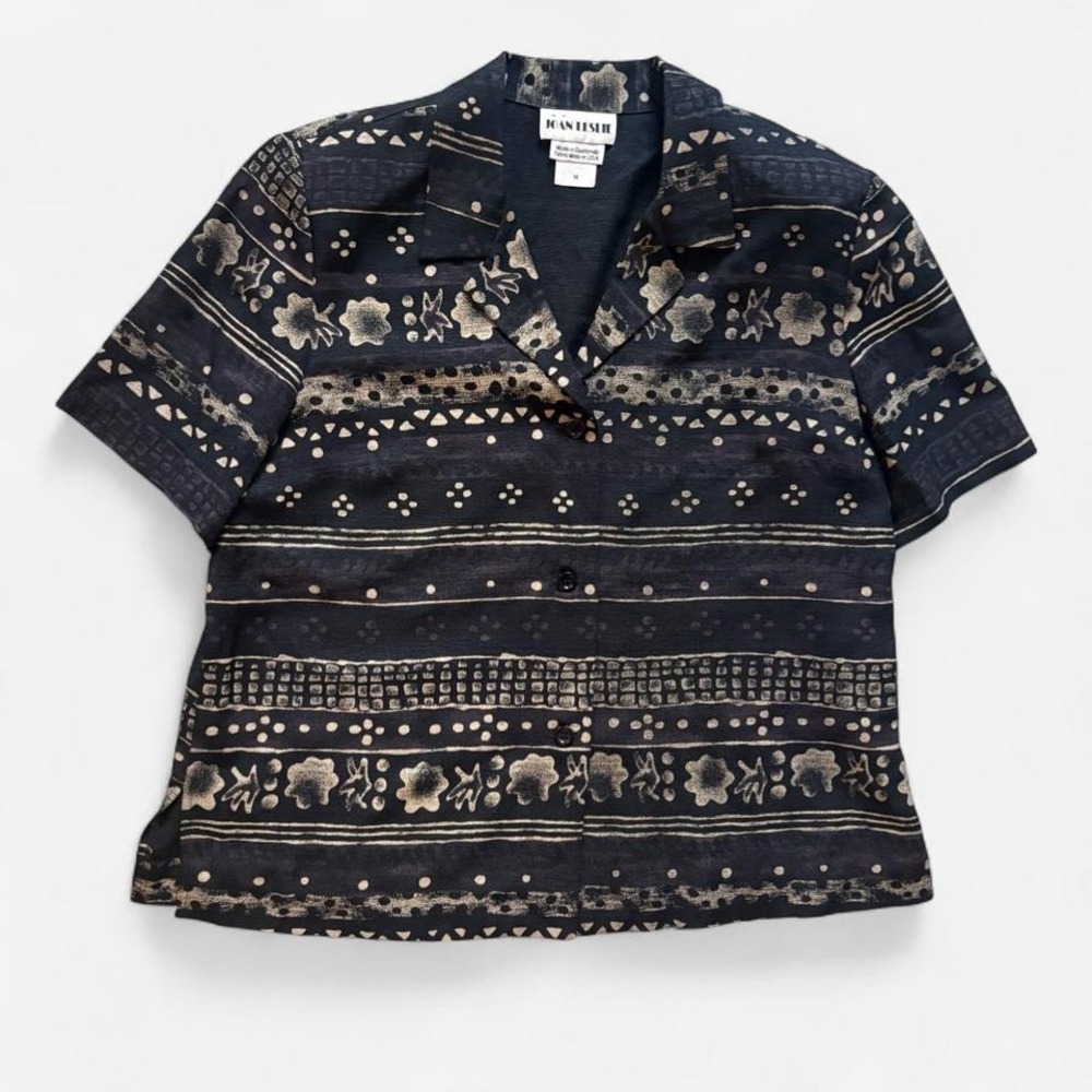 Joan Leslie 90s Button Up Shirt Camp Collar Boho Batik-like Print‎ Women's L